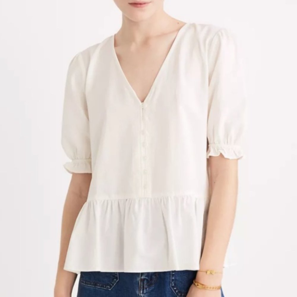 Madewell courtyard ruffle white cotton peplum top